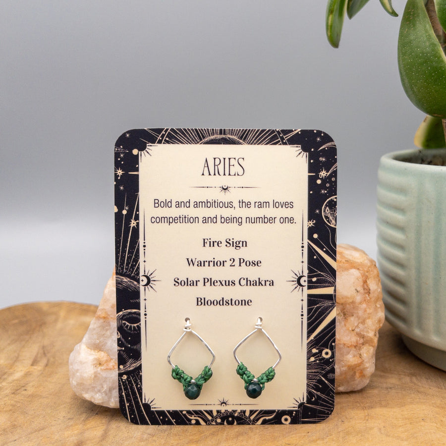 Aries bloodstone sterling silver earrings on gift card