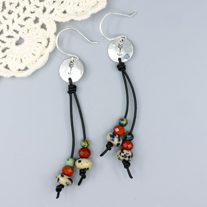 Arrow stamped sterling silver and leather earrings with jasper beads