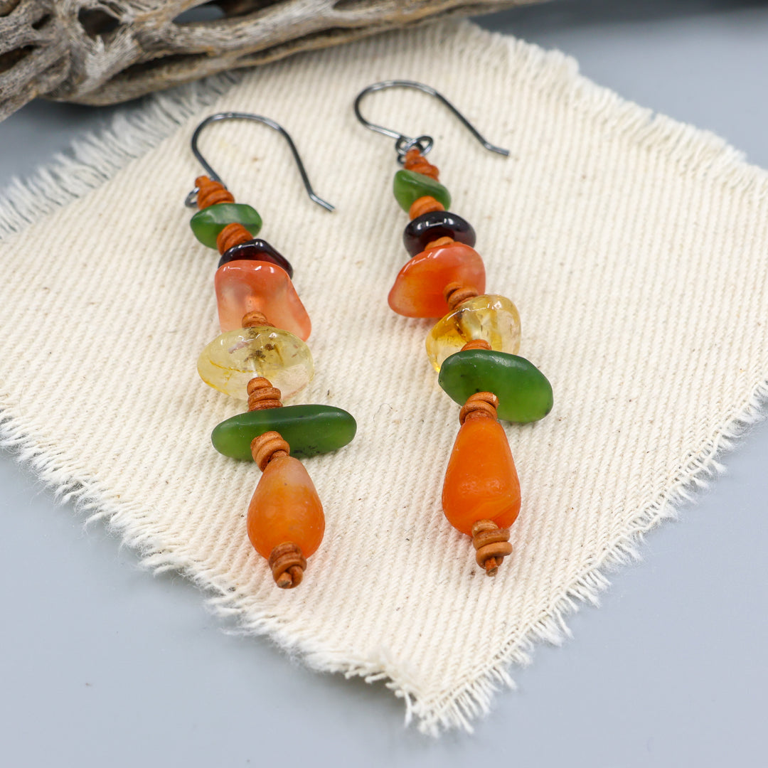 Knotted Gemstone Dangle Earrings, Autumn - Oxidized Sterling
