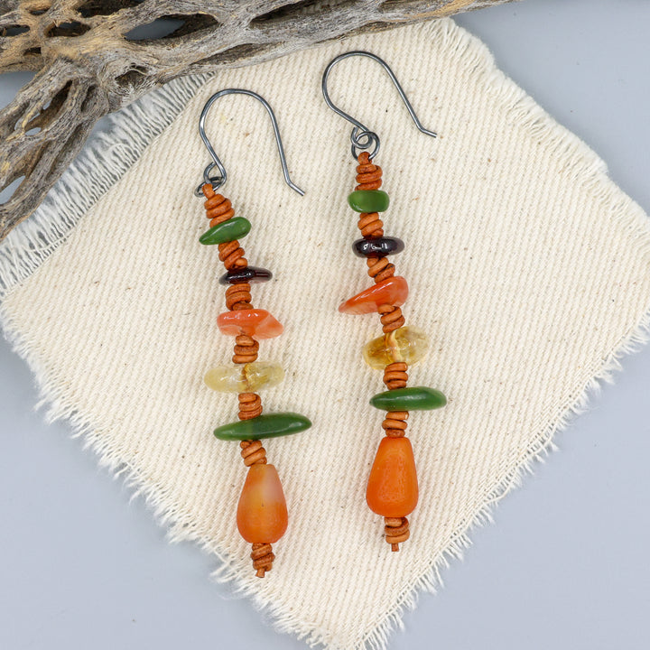 handmade agate, jade, citrine, and garnet leather dangle earrings with oxidized sterling silver ear wires