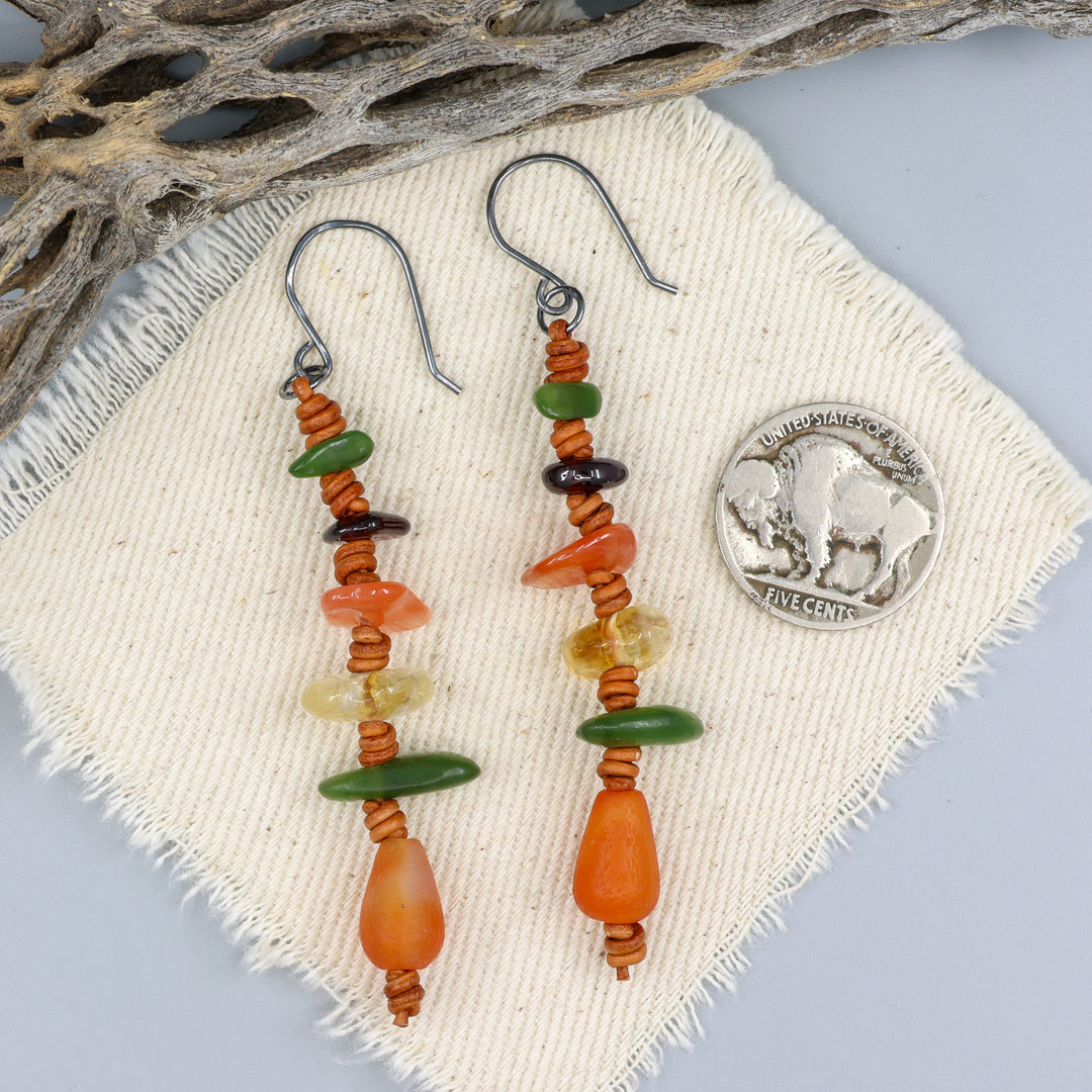 Knotted Gemstone Dangle Earrings, Autumn - Oxidized Sterling