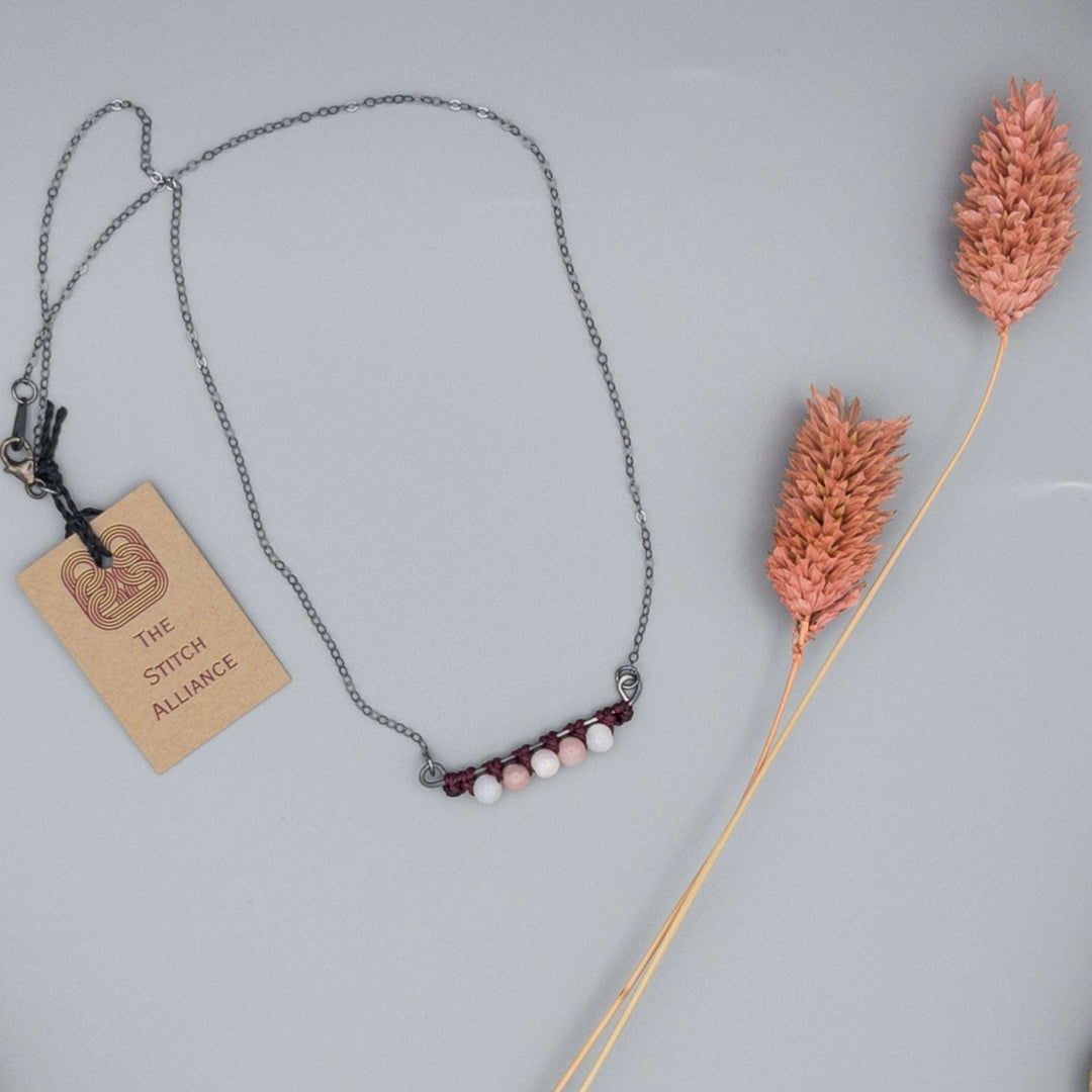 Beaded Bar Necklace / Oxidized Sterling Silver / Pink Opal