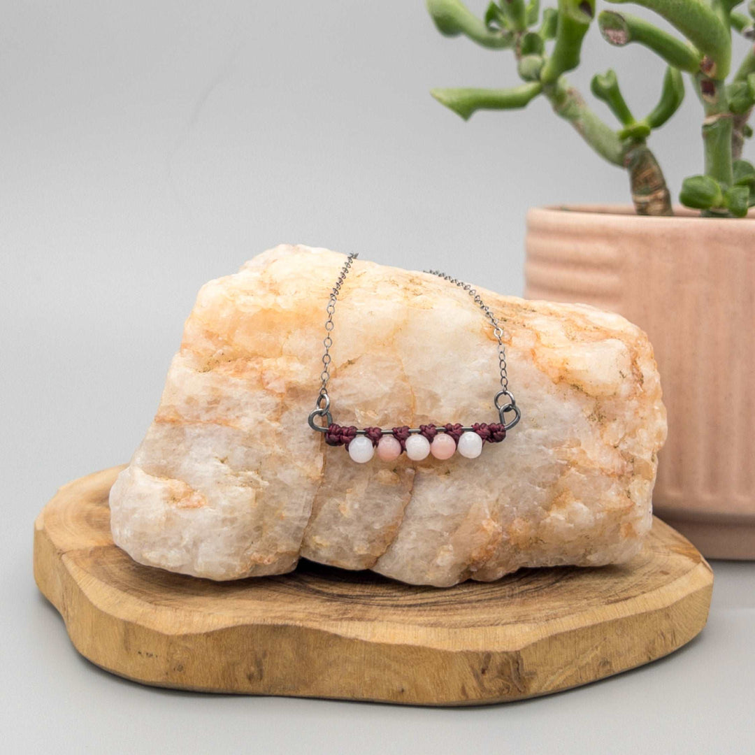 Beaded Bar Necklace / Oxidized Sterling Silver / Pink Opal