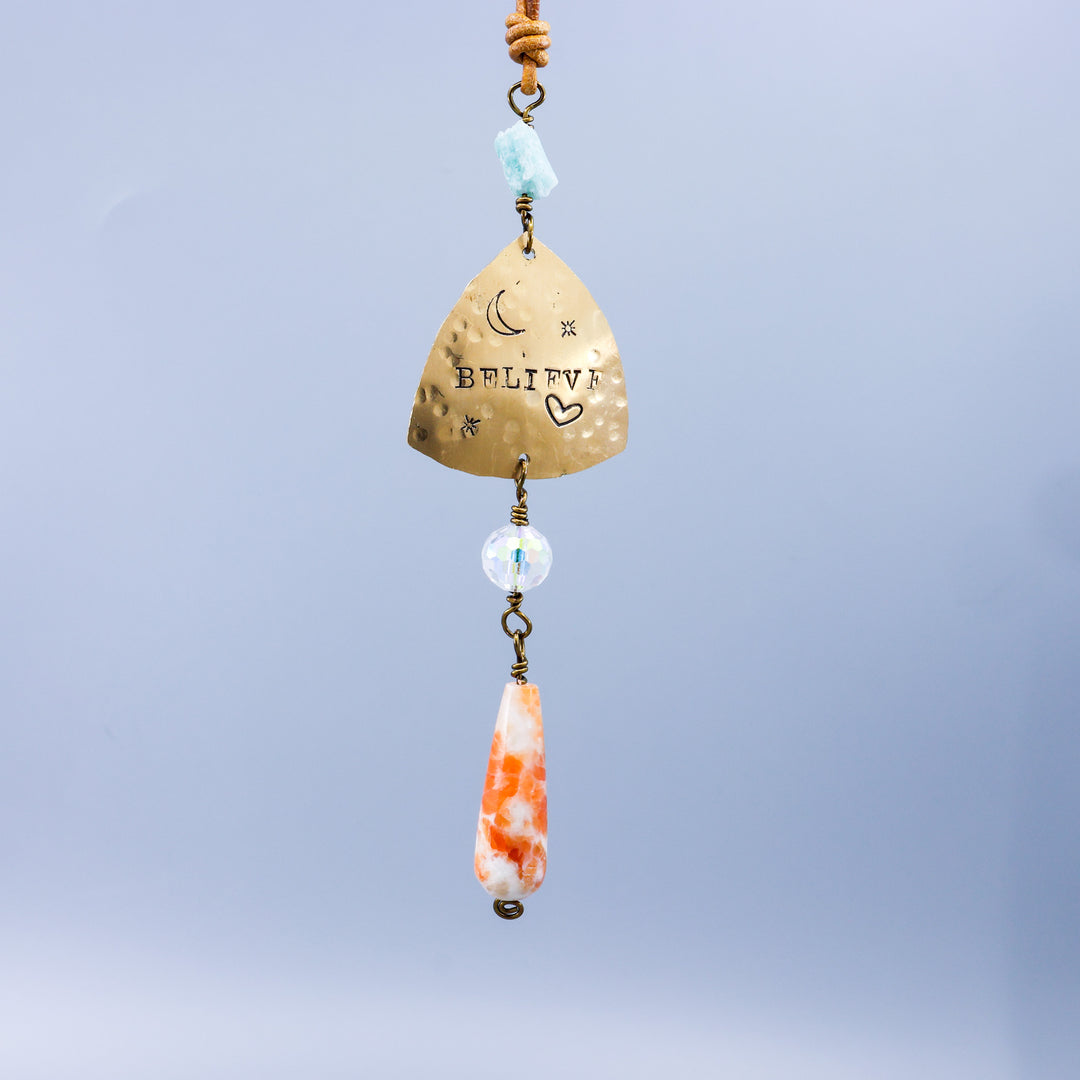 Believe Suncatcher, Brass, Sunstone, Amazonite