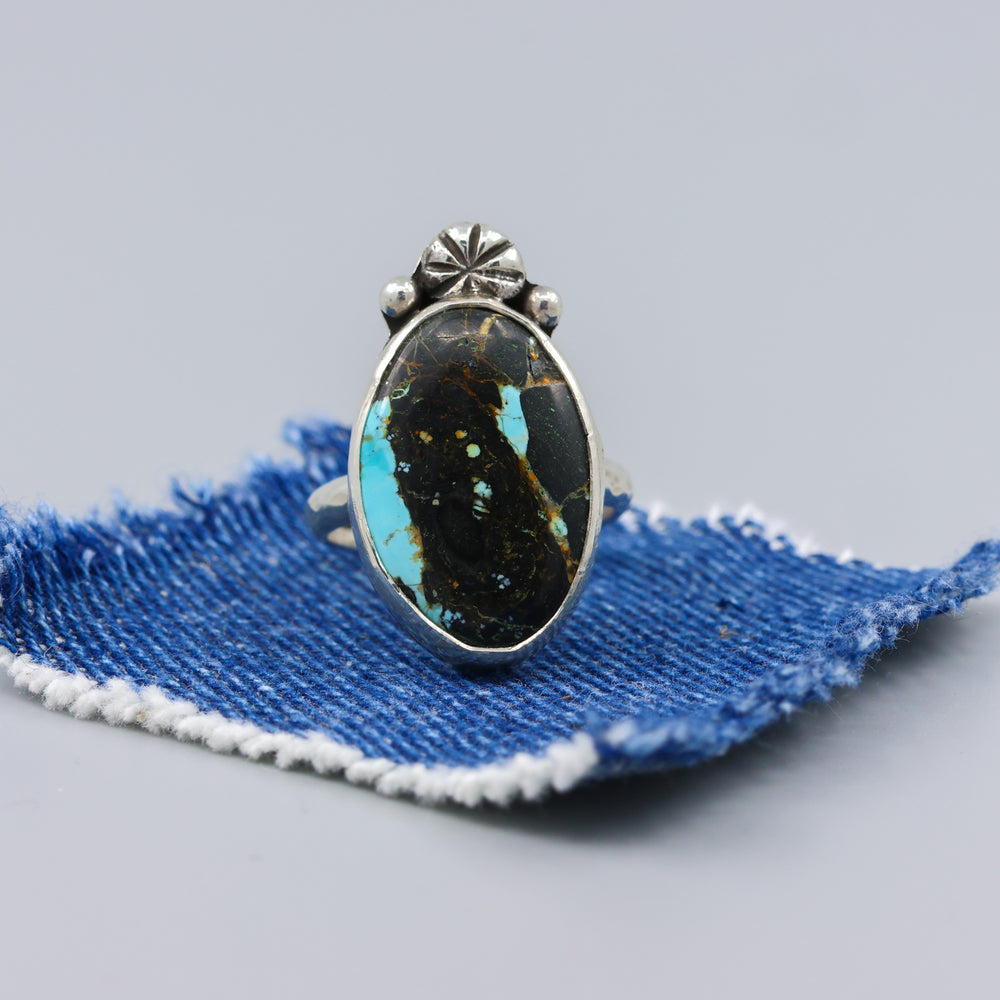 black jack turquoise sterling silver ring handmade one of a kind - detail view