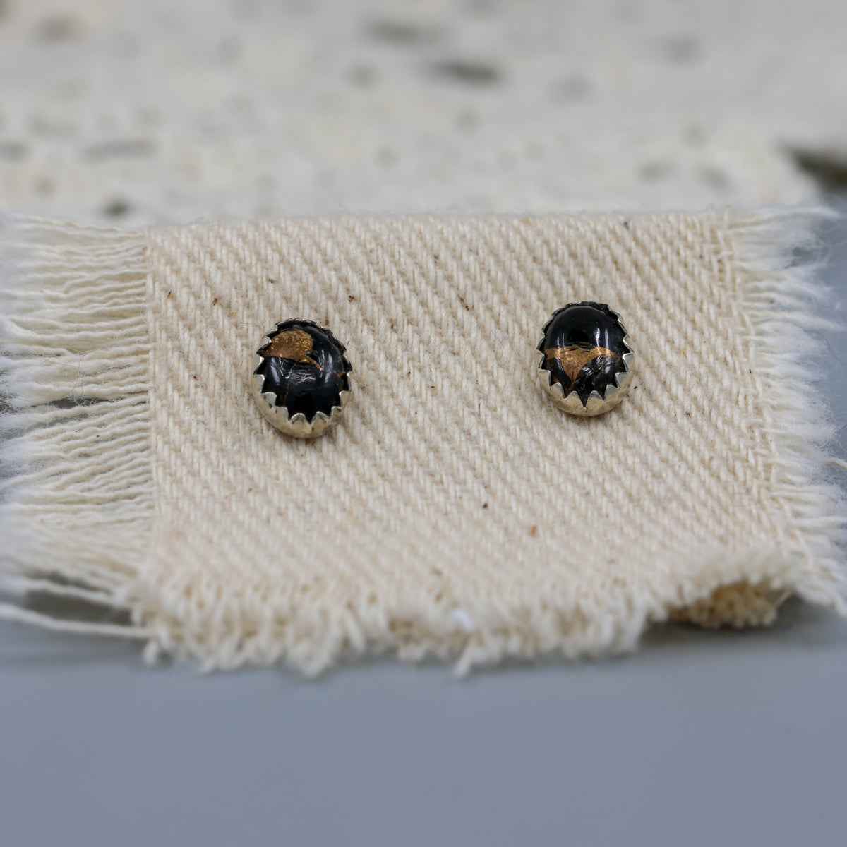 handmade black copper obsidian stud earrings