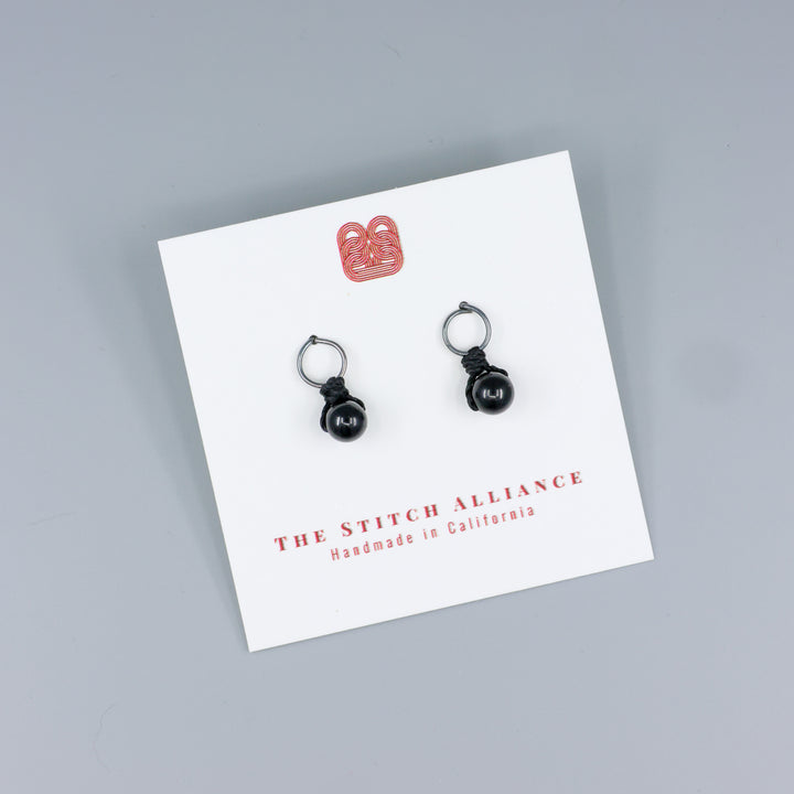 black spinel mini dangle earring oxidized sterling silver on a white card