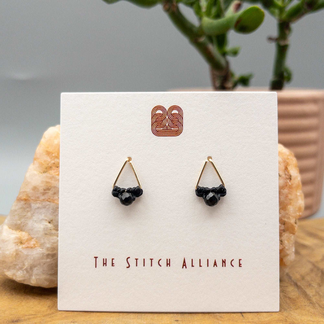 black spinel triangle post earring 14k gold fill