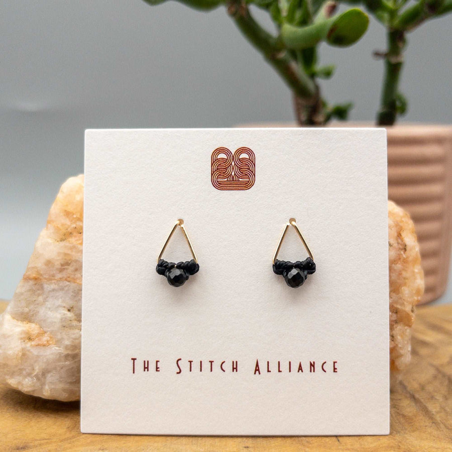 black spinel triangle post earring 14k gold fill