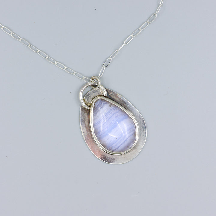 blue lace agate sterling silver one of a kind necklace overhead view
