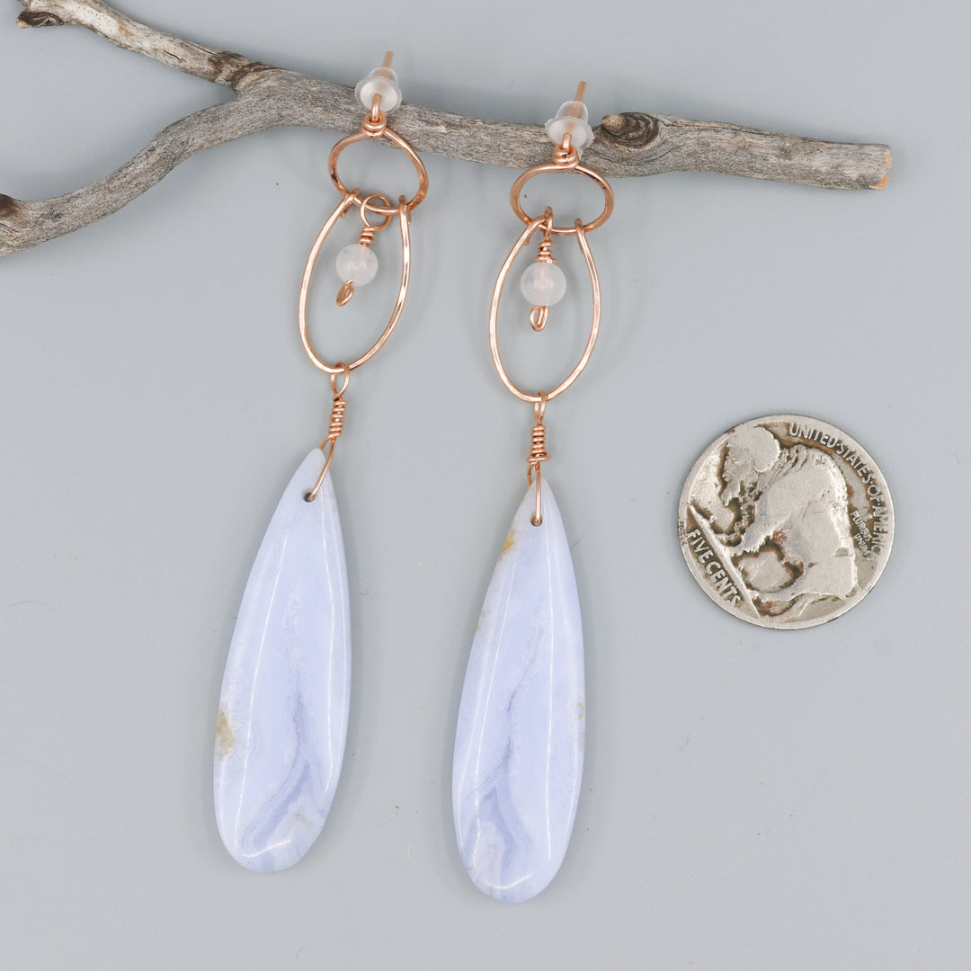 rose gold blue lace agate statement earrings with a coin for size comparison