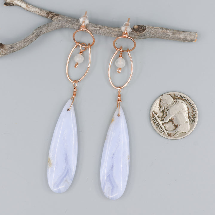 rose gold blue lace agate statement earrings with a coin for size comparison