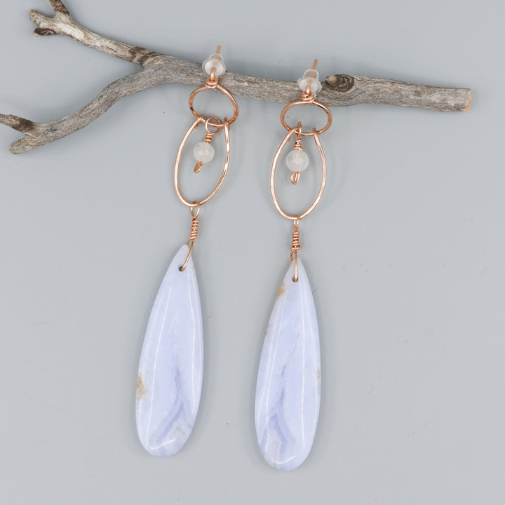 handmade rose gold blue lace agate statement earrings