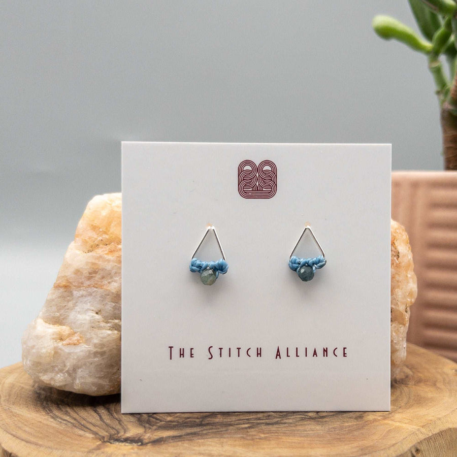 Sterling silver triangle shaped earrings with blue tourmaline beads