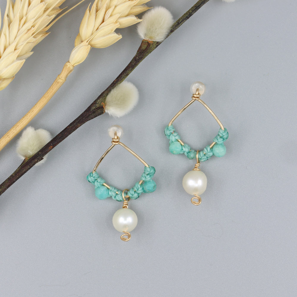 amazonite and freshwater pearl drop earrings on gold fill handmade