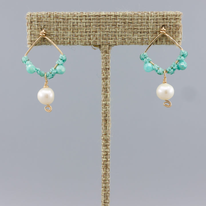 amazonite and freshwater pearl drop earrings on gold fill handmade on a linen hanger