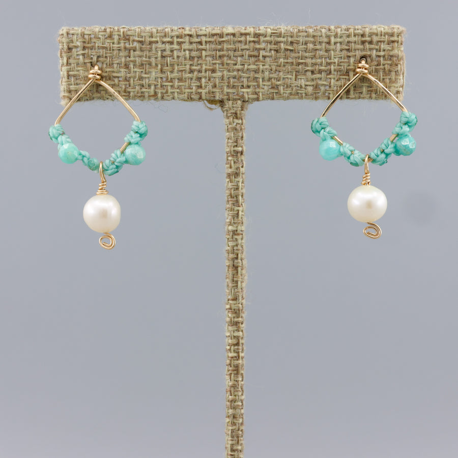 amazonite and freshwater pearl drop earrings on gold fill handmade on a linen hanger