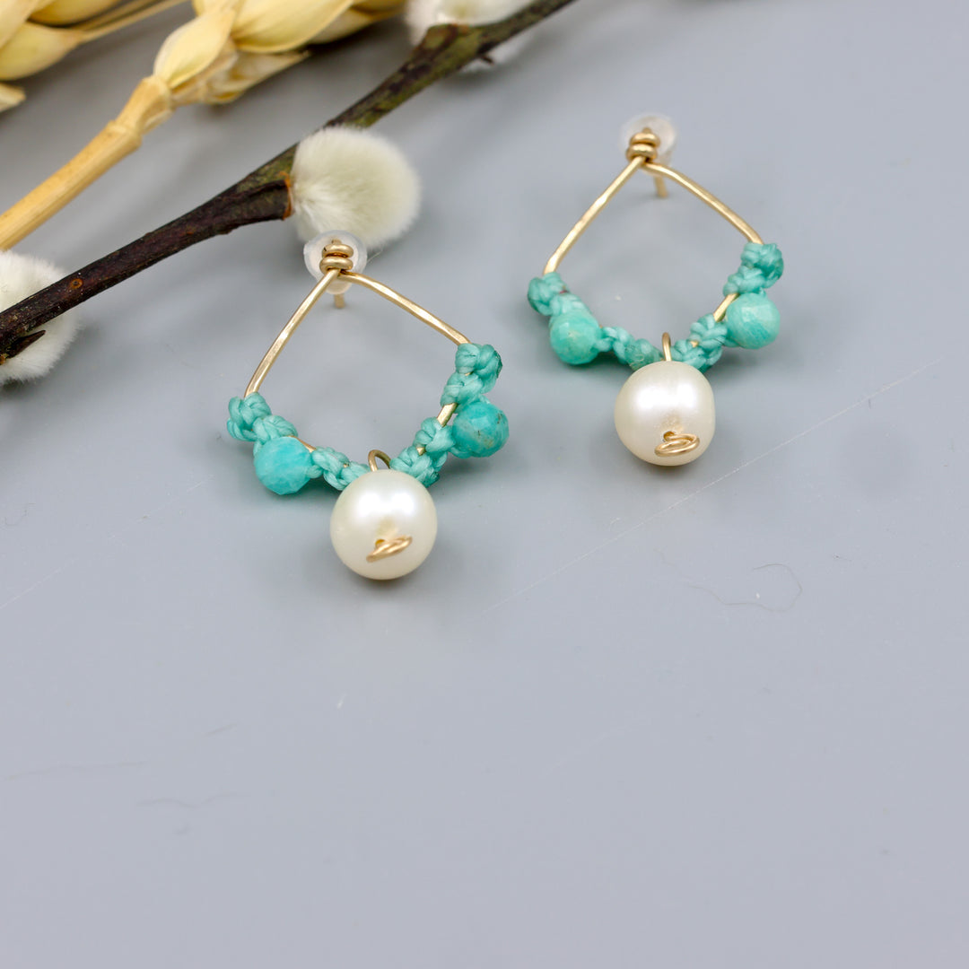Pearl & Amazonite Square Drop Earrings / Gold Fill