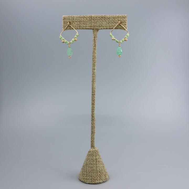 Green Chalcedony Square Macrame Earrings / Gold Fill