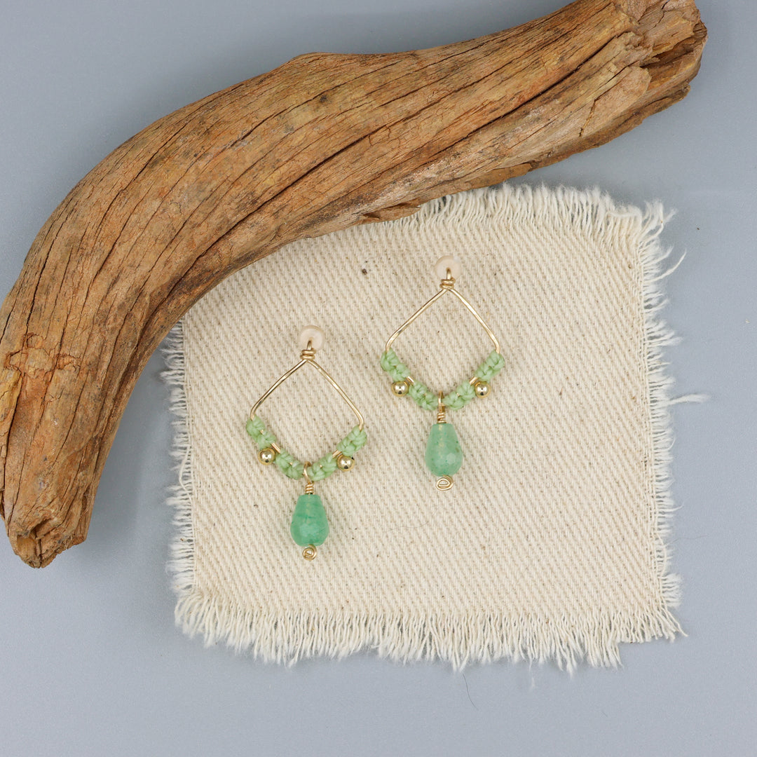 Green Chalcedony Square Macrame Earrings / Gold Fill