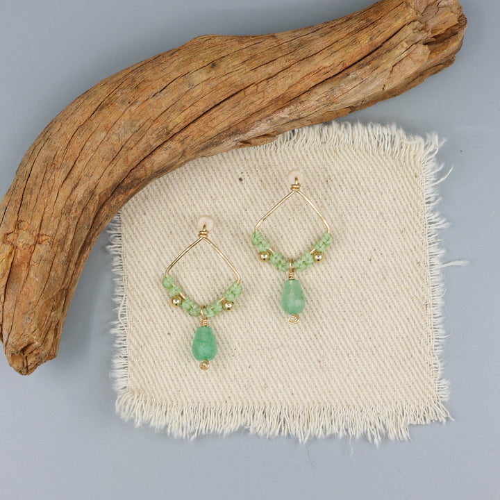 Green Chalcedony Square Macrame Earrings / Gold Fill