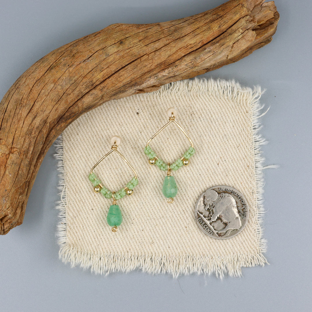 Green Chalcedony Square Macrame Earrings / Gold Fill