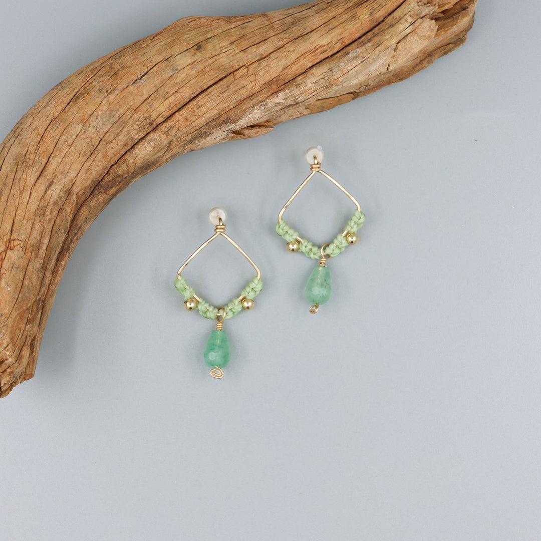 Green Chalcedony Square Macrame Earrings / Gold Fill