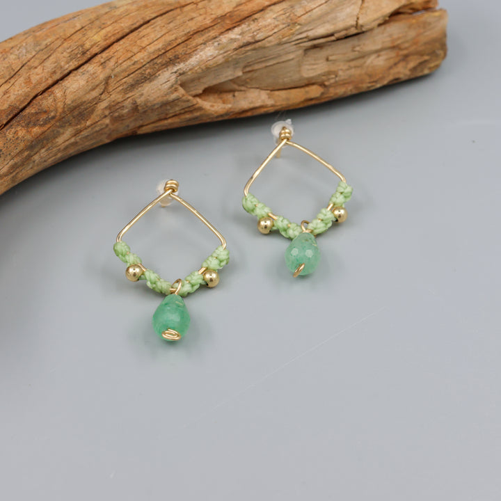 Green Chalcedony Square Macrame Earrings / Gold Fill