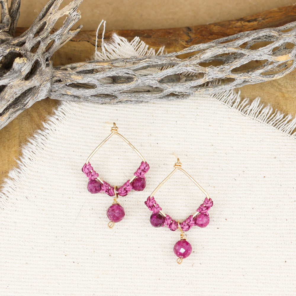 Boho ruby drop earrings gold filled with macrame