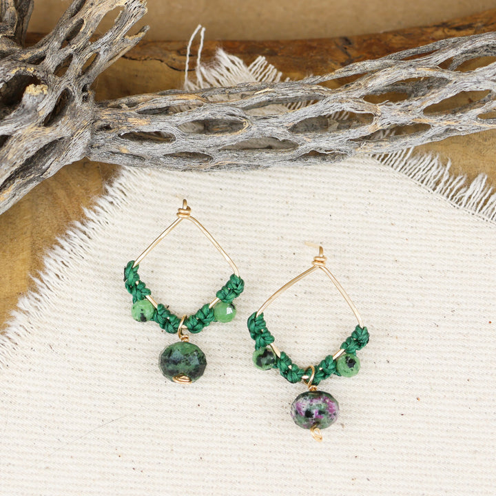 Ruby in Zoisite Drop Earrings / 14k Gold Fill and macrame