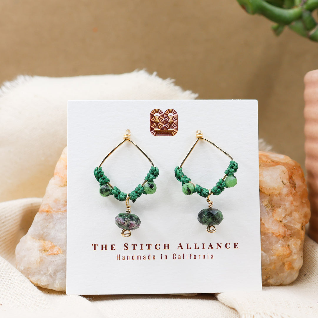 Ruby in Zoisite Drop Earrings / 14k Gold Fill on white card