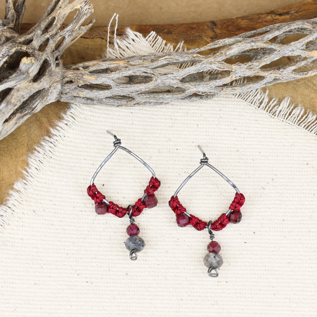 handmade garnet and larvikite oxidized sterling silver earrings