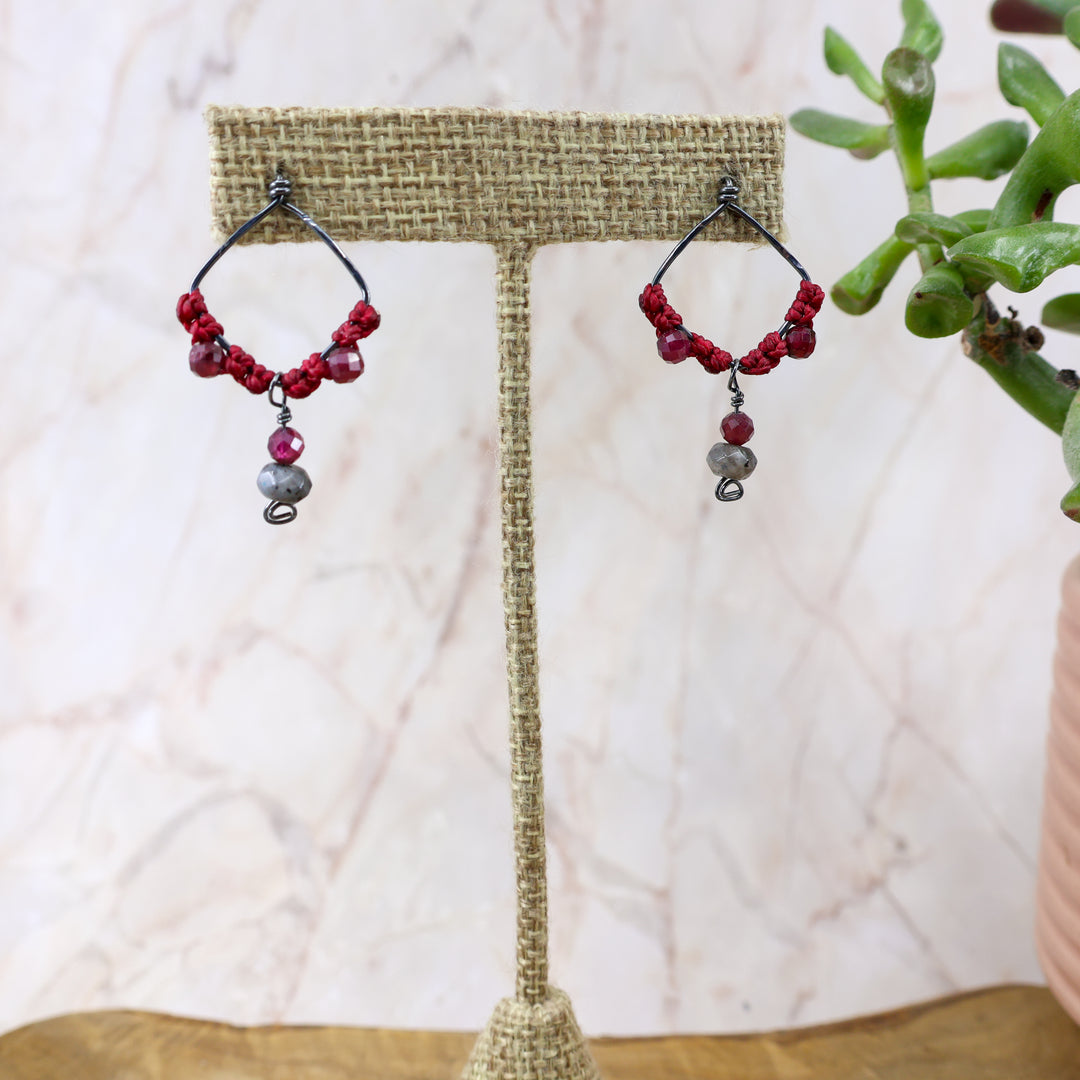 handmade garnet larvikite oxidized sterling silver macrame earrings