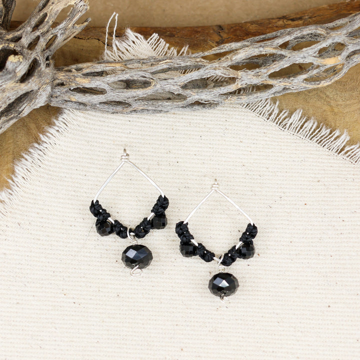 handmade macrame earrings sterling silver black tourmaline and black spinel