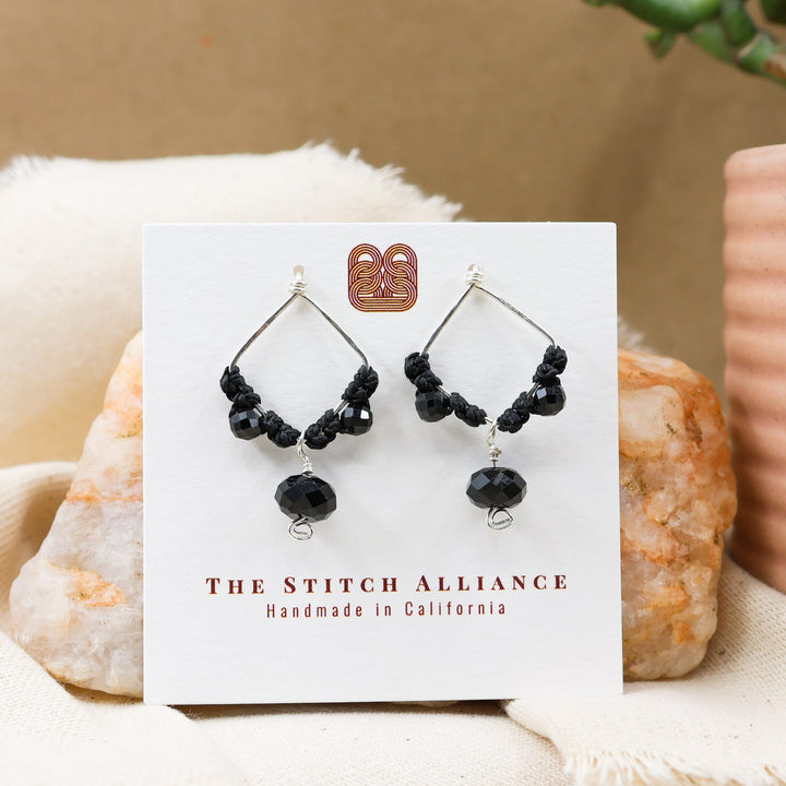 boho macrame earrings sterling silver black tourmaline and black spinel on a white card