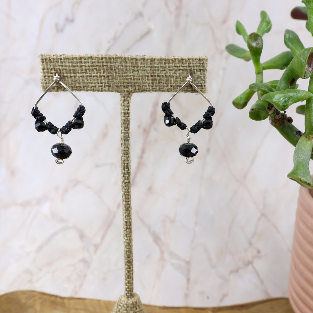 black and sterling silver macrame earrings