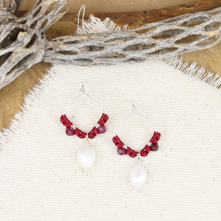 handmade macrame earrings sterling silver garnet and freshwater pearl