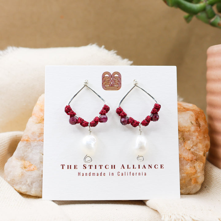 boho macrame earrings sterling silver garnet and freshwater pearl on a white card