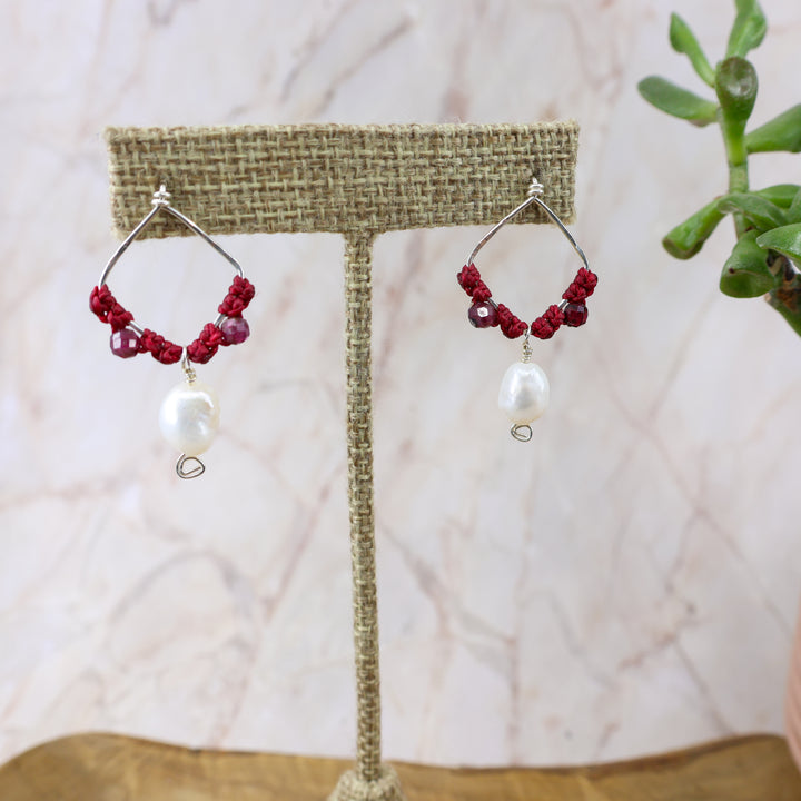 sterling silver, garnet, fresh water pearl handmade earrings