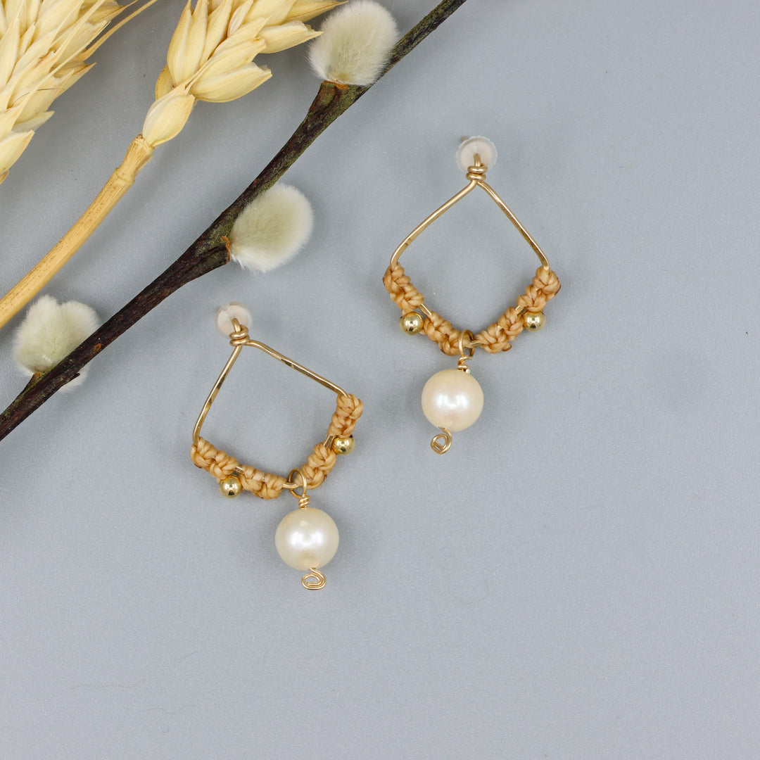 Pearl Square Drop Earrings / Gold Fill