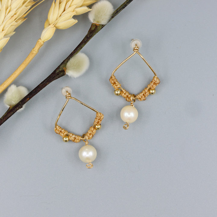 Pearl Square Drop Earrings / Gold Fill