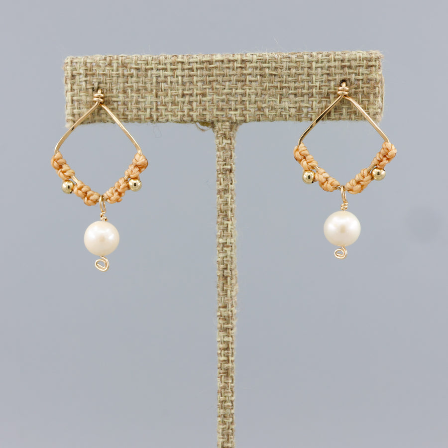 handmade macrame gold and freshwater pearl earrings