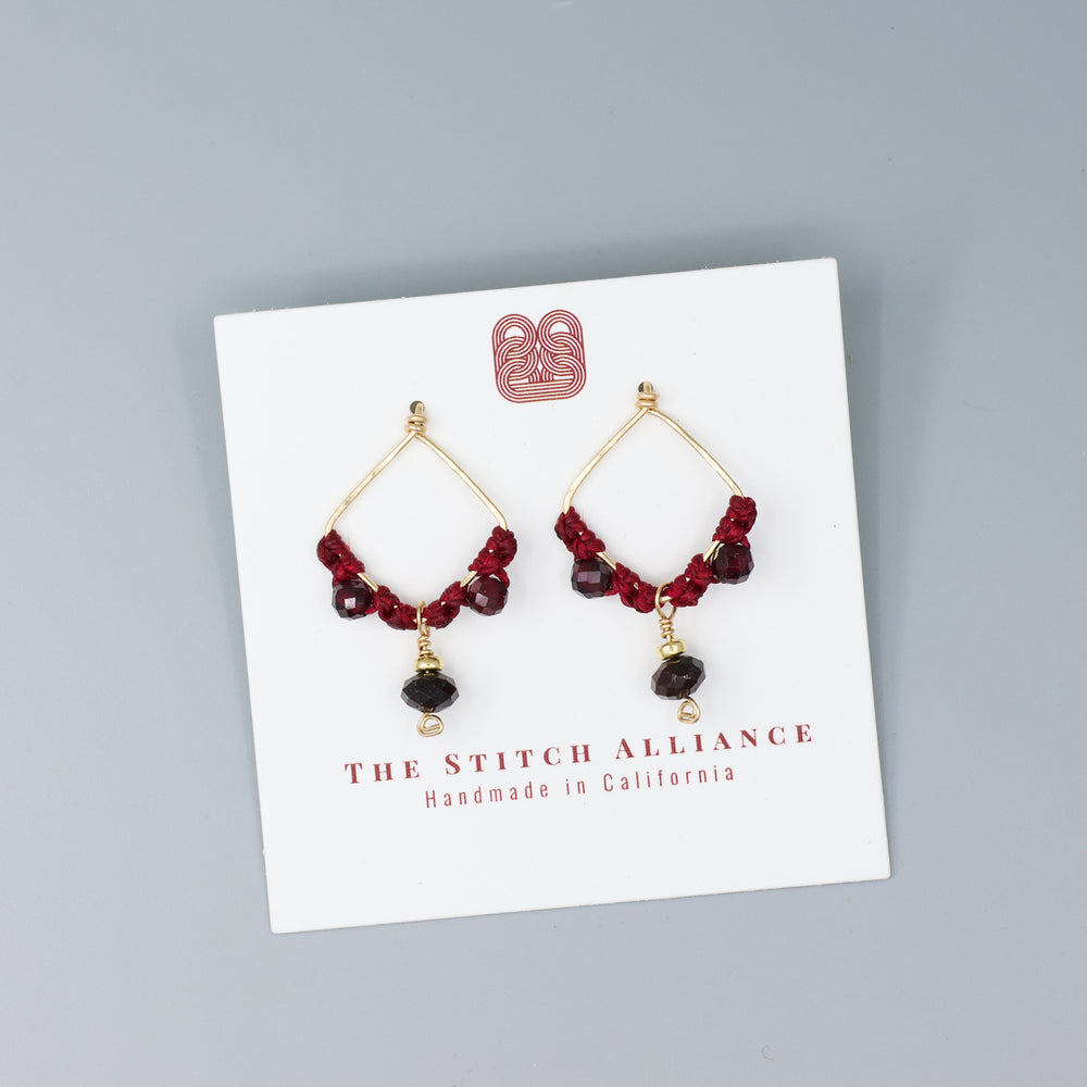 square handmade gold filled macrame post style earrings with garnet beads