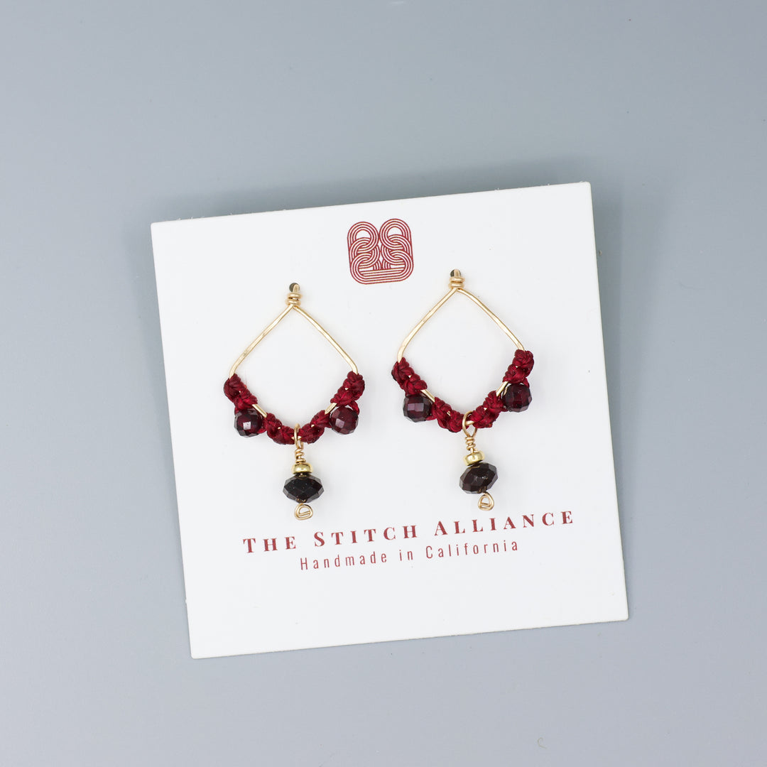 square handmade gold filled macrame post style earrings with garnet beads