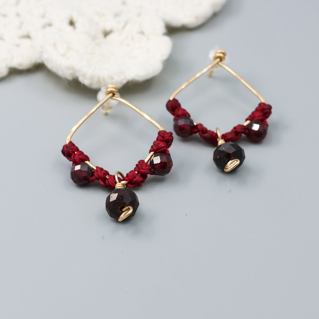 square handmade gold filled macrame earrings with garnet beads