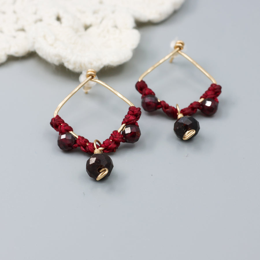square handmade gold filled macrame earrings with garnet beads