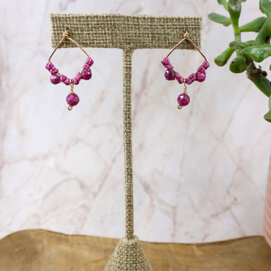 handmade macrame earrings with ruby beads gold fill wire