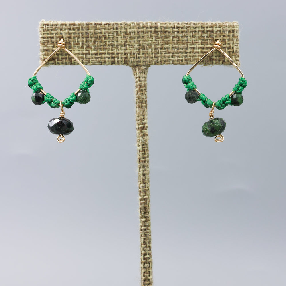 Handmade macrame earrings with gold fill and ruby zoisite beads on a linen hanger