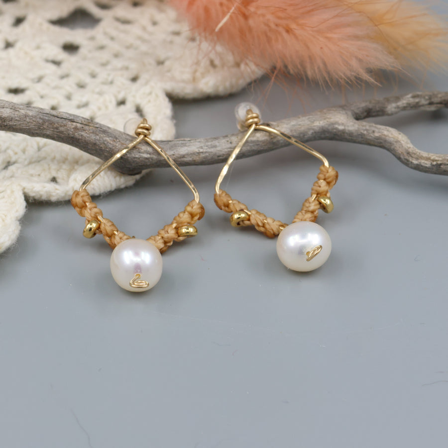 handmade square shaped gold macrame earrings with freshwater pearl beads detail view