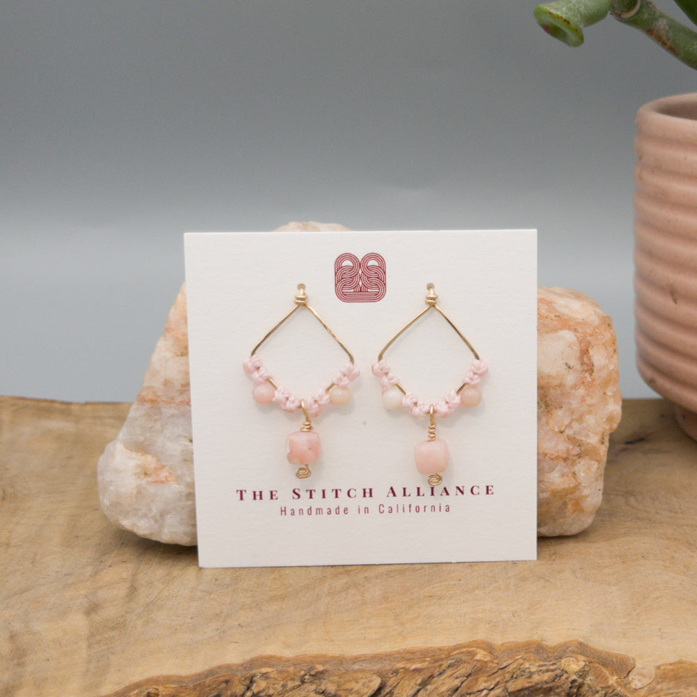 pink opal gold filled macrame earrings